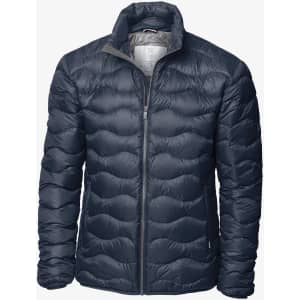 A navy puffer jacket with a zip front and quilted design. Features a collar and a logo on the fabric.