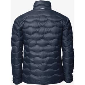 A navy puffer jacket featuring a textured surface and a high collar. The back view shows its insulated design and branding.