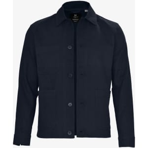 A navy unisex shirt jacket featuring front pockets and a button closure, with a branding logo present.
