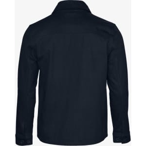 A black unisex shirt featuring a collared design and buttoned cuffs, with a logo on the back.
