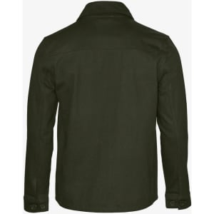 A green unisex shirt with long sleeves and a collar, featuring a logo on the back.
