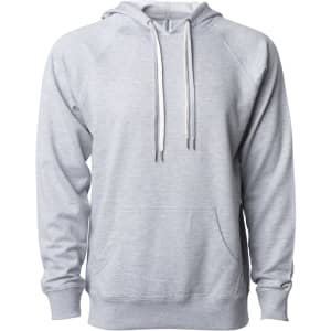 A unisex lightweight loopback terry hood in grey, featuring a front pocket and drawstring hood. Includes a branding logo.