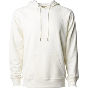 A unisex lightweight loopback terry hood in cream with a front pocket and a hood. It features a brand logo.