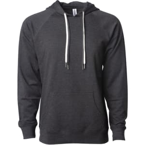 A dark grey unisex lightweight loopback terry hooded sweatshirt with a front pocket and drawstring.