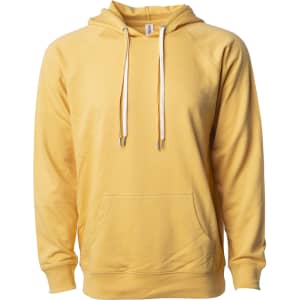 A unisex lightweight loopback terry hood in a warm yellow colour, featuring a front pocket and drawstring hood.