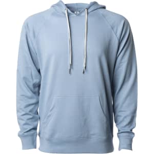 A light blue unisex lightweight loopback terry hood with a kangaroo pocket and drawstring hood. It features a logo.