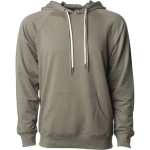 A unisex lightweight loopback terry hood in a muted olive green colour with a front pocket and drawstring.