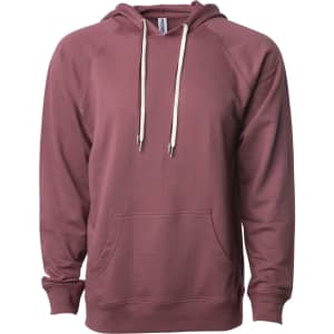 A unisex lightweight loopback terry hood in a burgundy colour with a kangaroo pocket and drawstrings.
