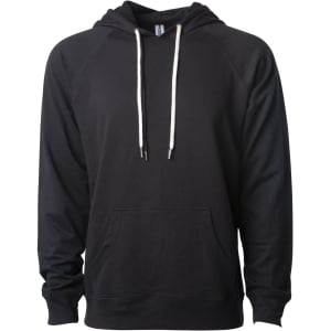 A black unisex lightweight loopback terry hooded sweatshirt with a front pocket and drawstring hood. It has branding.