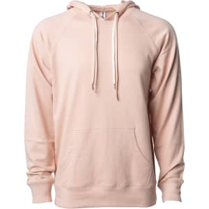 A unisex lightweight loopback terry hood in soft pink, featuring a front pocket and a drawstring hood.