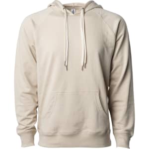 A beige unisex lightweight loopback terry hooded sweatshirt with a front pocket and an attached hood.