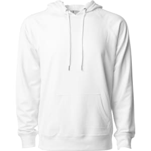 A white unisex lightweight loopback terry hood with a kangaroo pocket and drawstrings. It features a logo.