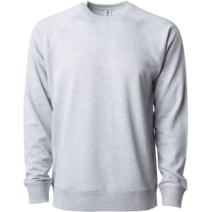 A grey unisex lightweight loopback terry crew sweatshirt with long sleeves and a round neckline.