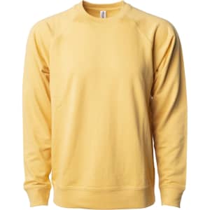 A unisex lightweight crew sweatshirt in a soft yellow colour, featuring a ribbed neckline and a logo.