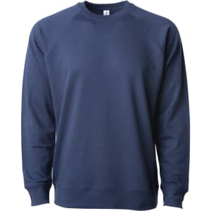 A unisex lightweight loopback terry crew in navy blue, featuring a raglan sleeve design and a logo.