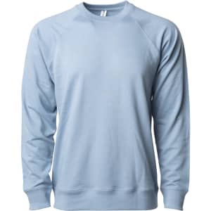 A light blue unisex crew sweatshirt features a simple design and a logo on the front.