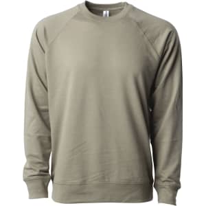 A unisex lightweight crew sweatshirt in a muted khaki colour, featuring raglan sleeves and a logo on the label.