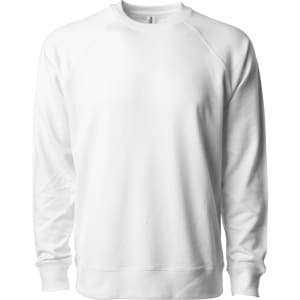 A white unisex lightweight loopback terry crew sweatshirt with a simple design and a logo.
