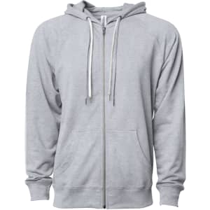 A grey unisex lightweight loopback terry zip hoodie featuring a front zipper and two pockets. It has a brand logo.
