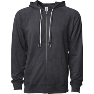 A unisex lightweight loopback terry zip hoodie in dark grey with a front zip and hood, featuring a logo.