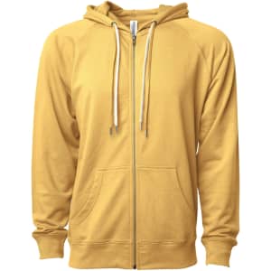 A yellow unisex zip-up hoodie with a front pocket and drawstrings on the hood, featuring a logo.