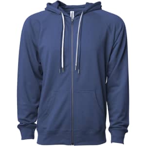 A navy blue unisex lightweight loopback terry zip hoodie with a front zip and drawstring hood. It features a logo.