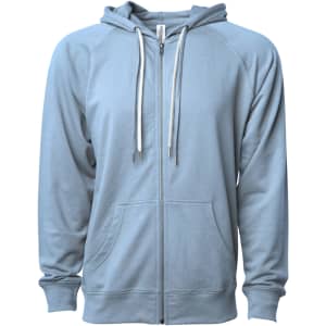 A light blue unisex zip-up hoodie made from lightweight loopback terry fabric, featuring a hood and front pockets.