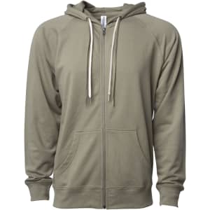 A unisex lightweight loopback terry zip hoodie in olive green, featuring a front zipper and drawstring hood.