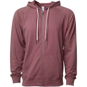 A unisex lightweight loopback terry zip hoodie in a muted mauve colour, featuring a full zip and drawstring hood.