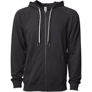 A unisex lightweight loopback terry zip hoodie in black, featuring a front zip and drawstring hood.
