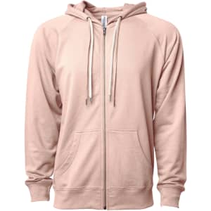 A unisex lightweight loopback terry zip hoodie in a soft pink colour with a front pocket and hood.