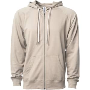 A unisex lightweight zip hoodie in a beige colour, featuring a hood and front pockets. It has a brand logo.