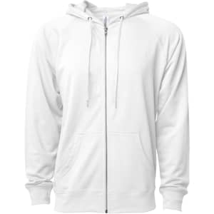 A white unisex lightweight loopback terry zip hoodie with a hood and front pockets. It features a logo.