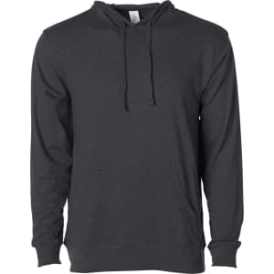 A mens jersey pullover hood in dark grey, featuring a hood and a front pocket, with a logo present.