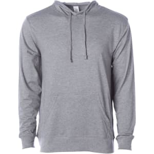 A grey men's jersey pullover hood with a front pouch pocket and drawstring hood. It has a branding logo on it.