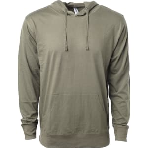 A men's jersey pullover hood in olive green featuring a front pocket and drawstrings on the hood.