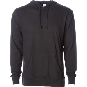 A black men's jersey pullover hood with a front pocket and drawstring hood. Features a branding logo.