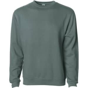A basic crew sweatshirt in a muted green colour, featuring long sleeves and a crew neckline. It has a logo on the label.