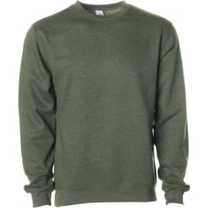 A green crew sweatshirt with long sleeves and a simple design, featuring a logo on the front.
