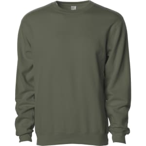 A green men's basic crew sweatshirt with long sleeves and a round neckline. It features a logo on the front.