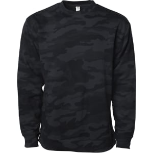 A black camouflage crew neck sweatshirt with long sleeves. Features a logo on the front.