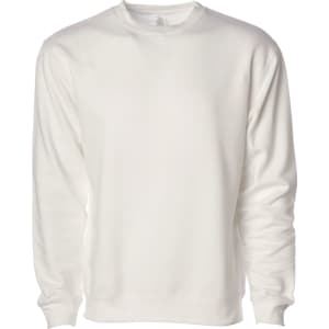 A plain white crew sweatshirt featuring long sleeves and a round neckline. It has a logo on the label.