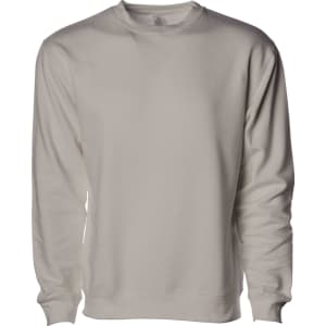 A white basic crew sweatshirt with long sleeves and a round neck. It features a small logo on the collar.