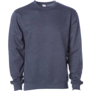 A navy blue crewneck sweatshirt with long sleeves and a logo on the front.