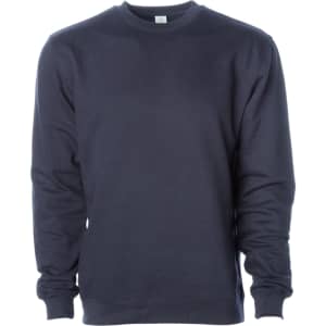 A navy blue crew sweatshirt featuring a round neckline and long sleeves, with a logo on the front.