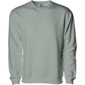 A light grey crew sweatshirt with long sleeves and a round neckline, featuring a logo on the front.