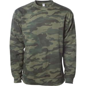 A men's basic crew sweatshirt in a camouflage pattern featuring various shades of green. It has a logo on the front.