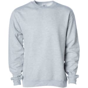 A grey men's crew sweatshirt with a simple design and long sleeves, featuring a logo.