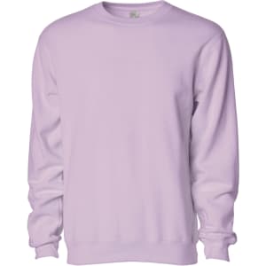 A lilac crew sweatshirt with long sleeves and a round neckline, featuring a logo on the front.