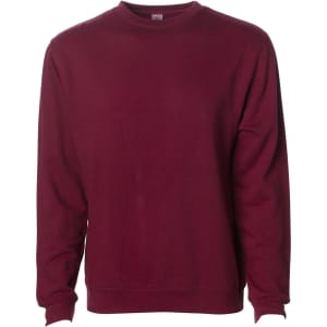 A maroon crew neck sweatshirt with long sleeves, featuring a simple design and a logo on the front.